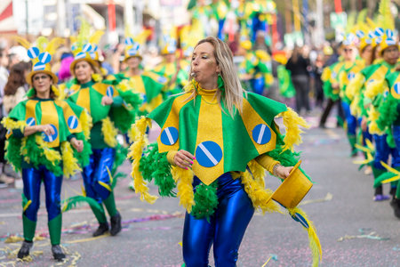LOULE, PORTUGAL - 23rd FEBRUARY 2023: Colorful Carnival (Carnaval) Parade festival participants on...