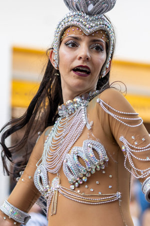 LOULE, PORTUGAL - 23rd FEBRUARY 2023: Colorful Carnival (Carnaval) Parade festival participants on...