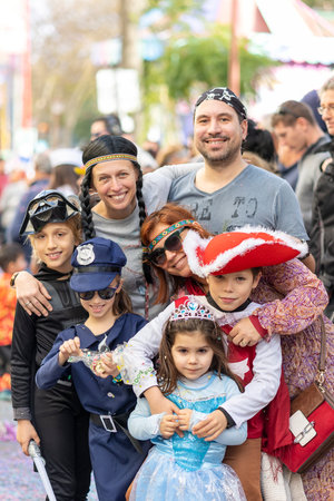 LOULE, PORTUGAL - 23rd FEBRUARY 2023: Colorful Carnival (Carnaval) Parade festival participants on Loule city, Portugal.のeditorial素材