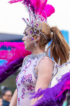 LOULE, PORTUGAL - 23rd FEBRUARY 2023: Colorful Carnival (Carnaval) Parade festival participants on Loule city, Portugal.のeditorial素材