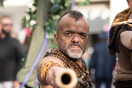 LOULE, PORTUGAL - 23rd FEBRUARY 2023: Colorful Carnival (Carnaval) Parade festival participants on Loule city, Portugal.のeditorial素材