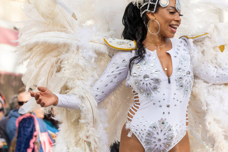 LOULE, PORTUGAL - 23rd FEBRUARY 2023: Colorful Carnival (Carnaval) Parade festival participants on...