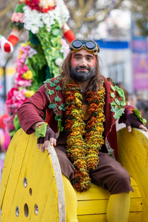 LOULE, PORTUGAL - 23rd FEBRUARY 2023: Colorful Carnival (Carnaval) Parade festival participants on Loule city, Portugal.のeditorial素材