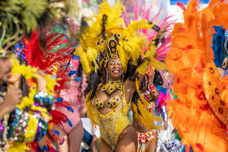 LOULE, PORTUGAL - 23rd FEBRUARY 2023: Colorful Carnival (Carnaval) Parade festival participants on...
