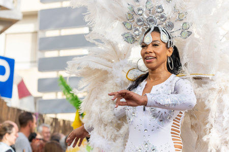 LOULE, PORTUGAL - 23rd FEBRUARY 2023: Colorful Carnival (Carnaval) Parade festival participants on...