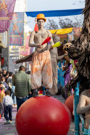 LOULE, PORTUGAL - 23rd FEBRUARY 2023: Colorful Carnival (Carnaval) Parade festival participants on Loule city, Portugal.のeditorial素材