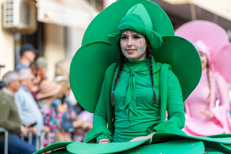 LOULE, PORTUGAL - 23rd FEBRUARY 2023: Colorful Carnival (Carnaval) Parade festival participants on Loule city, Portugal.のeditorial素材