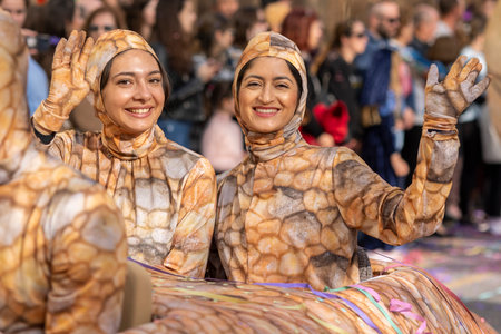 LOULE, PORTUGAL - 23rd FEBRUARY 2023: Colorful Carnival (Carnaval) Parade festival participants on Loule city, Portugal.のeditorial素材