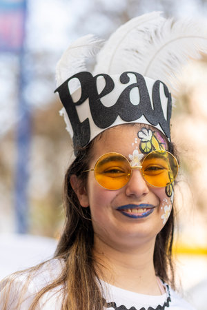 LOULE, PORTUGAL - 23rd FEBRUARY 2023: Colorful Carnival (Carnaval) Parade festival participants on Loule city, Portugal.のeditorial素材