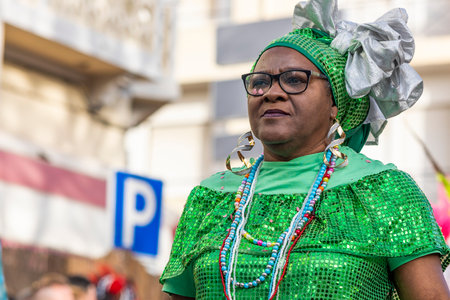 LOULE, PORTUGAL - 23rd FEBRUARY 2023: Colorful Carnival (Carnaval) Parade festival participants on Loule city, Portugal.のeditorial素材