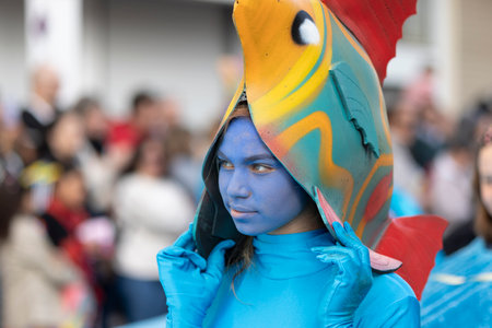 LOULE, PORTUGAL - 23rd FEBRUARY 2023: Colorful Carnival (Carnaval) Parade festival participants on Loule city, Portugal.のeditorial素材