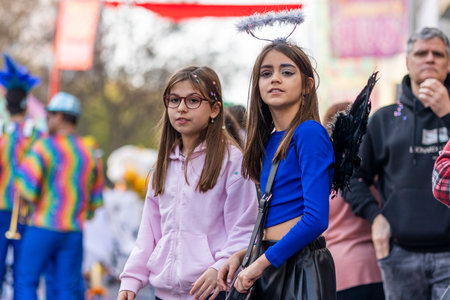 LOULE, PORTUGAL - 23rd FEBRUARY 2023: Colorful Carnival (Carnaval) Parade festival participants on Loule city, Portugal.のeditorial素材