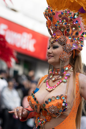 LOULE, PORTUGAL - 23rd FEBRUARY 2023: Colorful Carnival (Carnaval) Parade festival participants on Loule city, Portugal.のeditorial素材