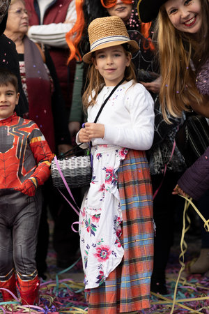 LOULE, PORTUGAL - 23rd FEBRUARY 2023: Colorful Carnival (Carnaval) Parade festival participants on Loule city, Portugal.のeditorial素材