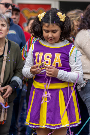 LOULE, PORTUGAL - 23rd FEBRUARY 2023: Colorful Carnival (Carnaval) Parade festival participants on Loule city, Portugal.のeditorial素材