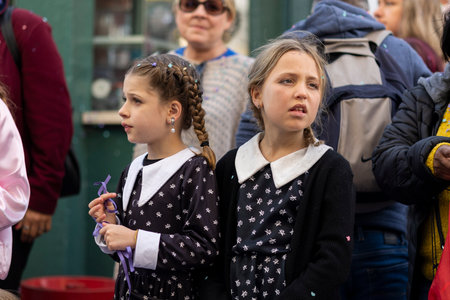 LOULE, PORTUGAL - 23rd FEBRUARY 2023: Colorful Carnival (Carnaval) Parade festival participants on Loule city, Portugal.のeditorial素材