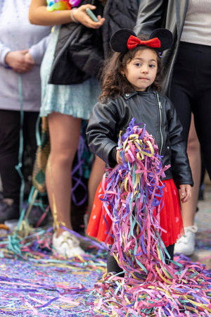 LOULE, PORTUGAL - 23rd FEBRUARY 2023: Colorful Carnival (Carnaval) Parade festival participants on Loule city, Portugal.のeditorial素材