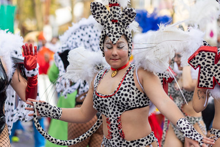 LOULE, PORTUGAL - 23rd FEBRUARY 2023: Colorful Carnival (Carnaval) Parade festival participants on Loule city, Portugal.のeditorial素材