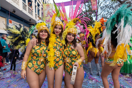 LOULE, PORTUGAL - 23rd FEBRUARY 2023: Colorful Carnival (Carnaval) Parade festival participants on Loule city, Portugal.のeditorial素材