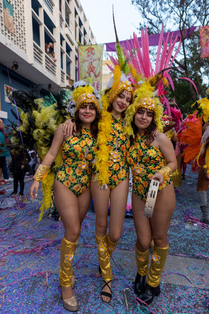 LOULE, PORTUGAL - 23rd FEBRUARY 2023: Colorful Carnival (Carnaval) Parade festival participants on Loule city, Portugal.のeditorial素材