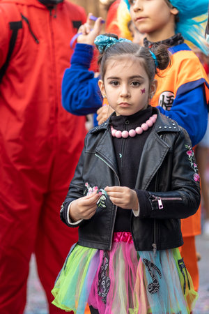 LOULE, PORTUGAL - 23rd FEBRUARY 2023: Colorful Carnival (Carnaval) Parade festival participants on Loule city, Portugal.のeditorial素材