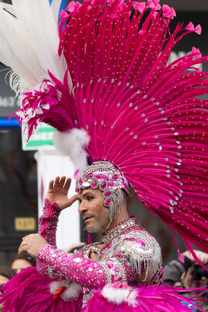 LOULE, PORTUGAL - 23rd FEBRUARY 2023: Colorful Carnival (Carnaval) Parade festival participants on...