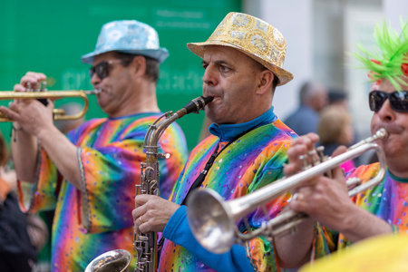 LOULE, PORTUGAL - 23rd FEBRUARY 2023: Colorful Carnival (Carnaval) Parade festival participants on...