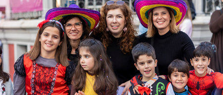 LOULE, PORTUGAL - 23rd FEBRUARY 2023: Colorful Carnival (Carnaval) Parade festival participants on Loule city, Portugal.のeditorial素材