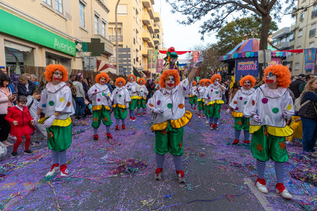 LOULE, PORTUGAL - 23rd FEBRUARY 2023: Colorful Carnival (Carnaval) Parade festival participants on Loule city, Portugal.のeditorial素材