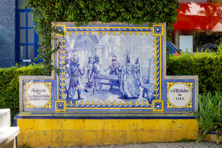 PORTIMAO, PORTUGAL - 29th JULY 2023: Beautiful azulejo tile artwork depicting the foundation of nationality, treaty of Zamora, in 1143.のeditorial素材