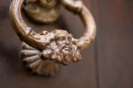 Close up view detail of an old european vintage ornate door knocker.