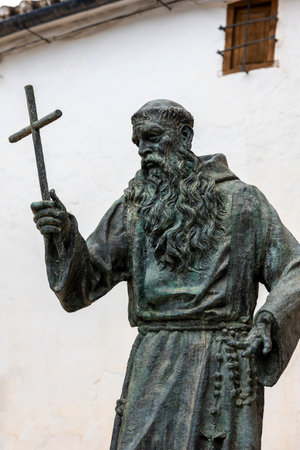 Ronda, Spain - October 20, 2023: Close view of the statue of Fray Diego Jose de Cadiz, located in front of the Church of Nuestra Senora de La Paz, Ronda, Spain.のeditorial素材