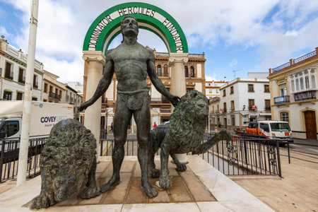 Ronda, Spain - October 20, 2023: Statue of Hercules with two lions on Ronda plaza, Andalusia, Spain.のeditorial素材