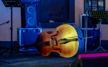 Close up view of a double bass musical instrument on a stage.のeditorial素材