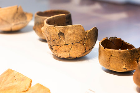 Malaga, Spain - October 21, 2023:Various mixed pottery artifacts at Malaga museum, Spain.