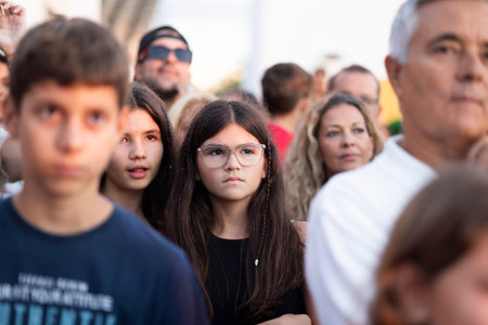 FARO, PORTUGAL: 7th SEPTEMBER, 2023 - Audience watch music artist on Festival F, a big festival in the city of Faro, Portugal.のeditorial素材