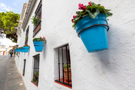 Mijas, Spain - October 22, 2023: Typical blue potted plants on Mijas village, located in Andalusia, Spain.のeditorial素材