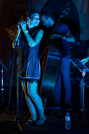 FARO, PORTUGAL: 7th SEPTEMBER, 2023 - Music band, ARCM Jazz Quartet feat. Ana Cherry, performs at Festival F, a big festival in the city of Faro, Portugal.のeditorial素材