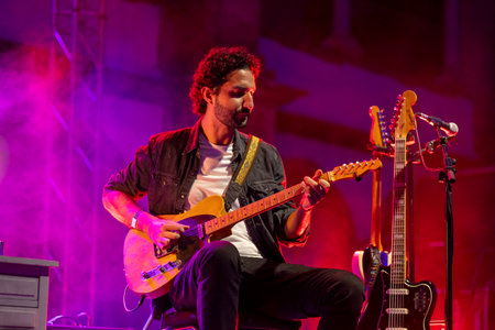 FARO, PORTUGAL: 7th SEPTEMBER, 2023 - Music band, TerraSul, performs at Festival F, a big festival in the city of Faro, Portugal.のeditorial素材