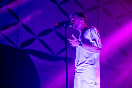 FARO, PORTUGAL: 7th SEPTEMBER, 2023 - Music band, Slow J, performs at Festival F, a big festival in the city of Faro, Portugal.のeditorial素材