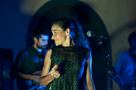 FARO, PORTUGAL: 7th SEPTEMBER, 2023 - Music band, ARCM Jazz Quartet feat. Ana Cherry, performs at Festival F, a big festival in the city of Faro, Portugal.のeditorial素材