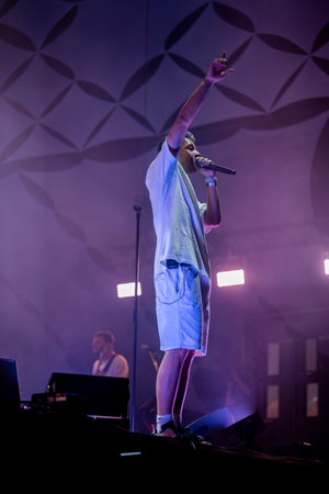FARO, PORTUGAL: 7th SEPTEMBER, 2023 - Music band, Slow J, performs at Festival F, a big festival in the city of Faro, Portugal.のeditorial素材