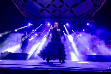 FARO, PORTUGAL: 7th SEPTEMBER, 2023 - Music band, Mimicat, performs at Festival F, a big festival in the city of Faro, Portugal.のeditorial素材