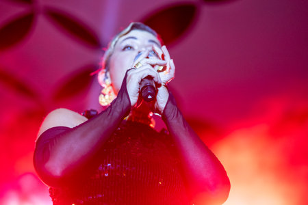 FARO, PORTUGAL: 7th SEPTEMBER, 2023 - Music band, Mimicat, performs at Festival F, a big festival in the city of Faro, Portugal.のeditorial素材