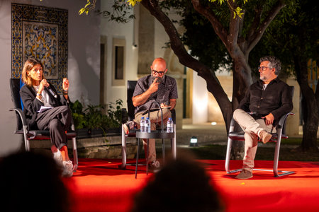 FARO, PORTUGAL: 8th SEPTEMBER, 2023 - Celebrities, Rui Melo, Matilde Campilho and Luis Oliveira, talk about artificial intelligence in the creative process at Festival F, a big festival in Faro, Portugal.のeditorial素材