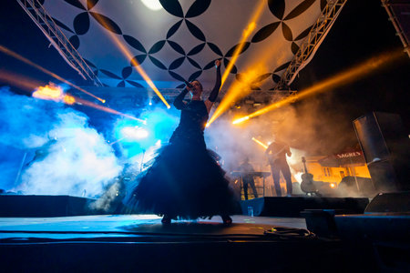 FARO, PORTUGAL: 7th SEPTEMBER, 2023 - Music band, Mimicat, performs at Festival F, a big festival in the city of Faro, Portugal.のeditorial素材
