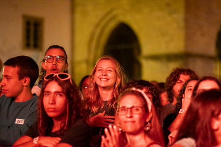 FARO, PORTUGAL: 7th SEPTEMBER, 2023 - Audience watch music artist on Festival F, a big festival in the city of Faro, Portugal.のeditorial素材