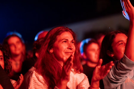 FARO, PORTUGAL: 7th SEPTEMBER, 2023 - Audience watch music artist on Festival F, a big festival in the city of Faro, Portugal.のeditorial素材