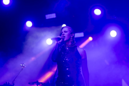 FARO, PORTUGAL: 7th SEPTEMBER, 2023 - Music band, Mimicat, performs at Festival F, a big festival in the city of Faro, Portugal.のeditorial素材