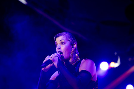 FARO, PORTUGAL: 7th SEPTEMBER, 2023 - Music band, Mimicat, performs at Festival F, a big festival in the city of Faro, Portugal.のeditorial素材